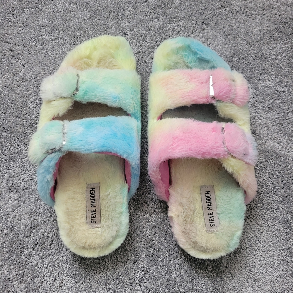 Pastel Rainbow Steve Madden Fuzzy Sandals